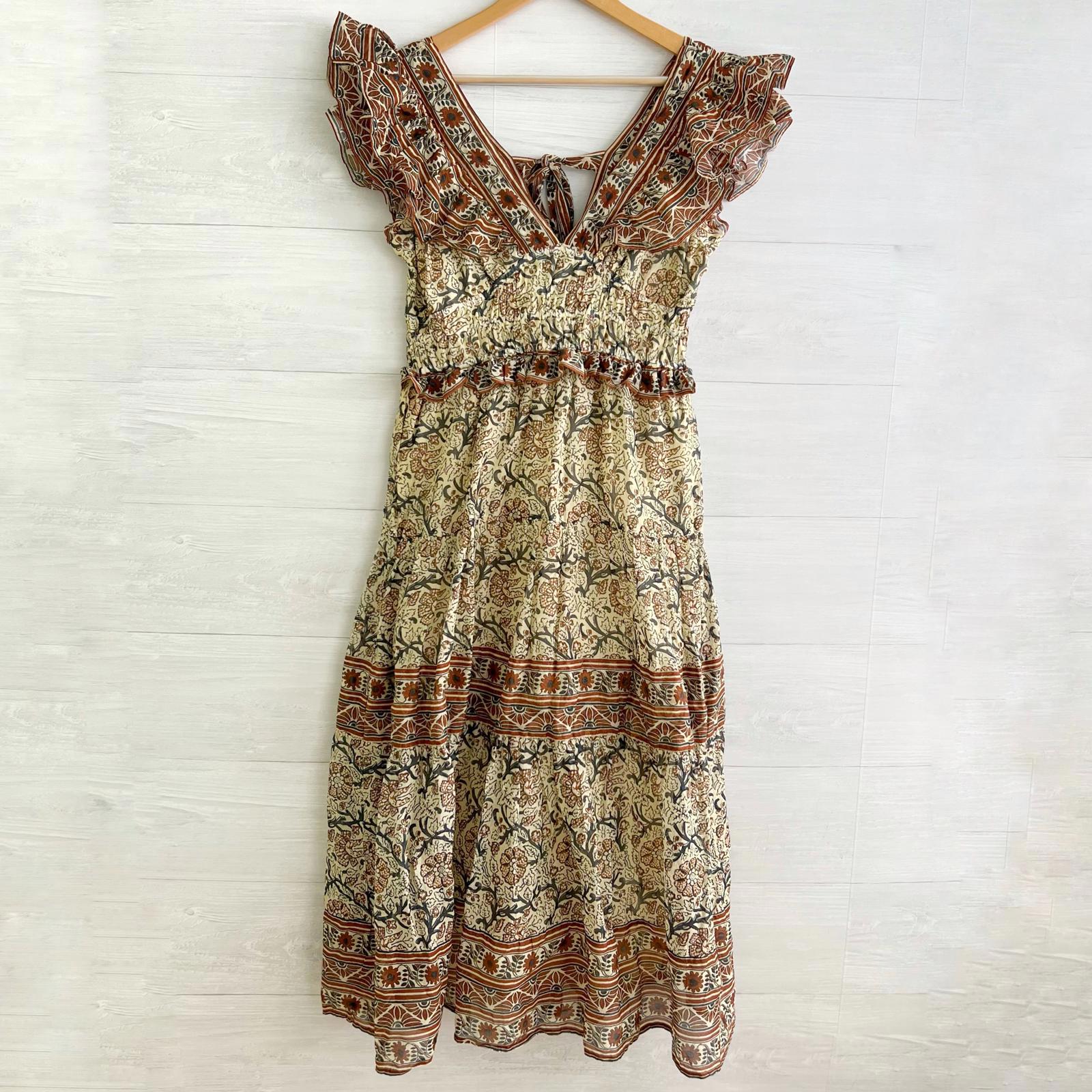 Sea New York - Brown Beige Floral Tiered Flutter Sleeve Cotton Midi Sundress, 8